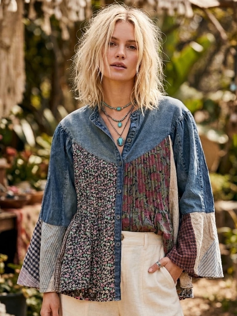 Young Threads Button Front Top - Patchwork Denim Boho Bell Sleeve - NWT